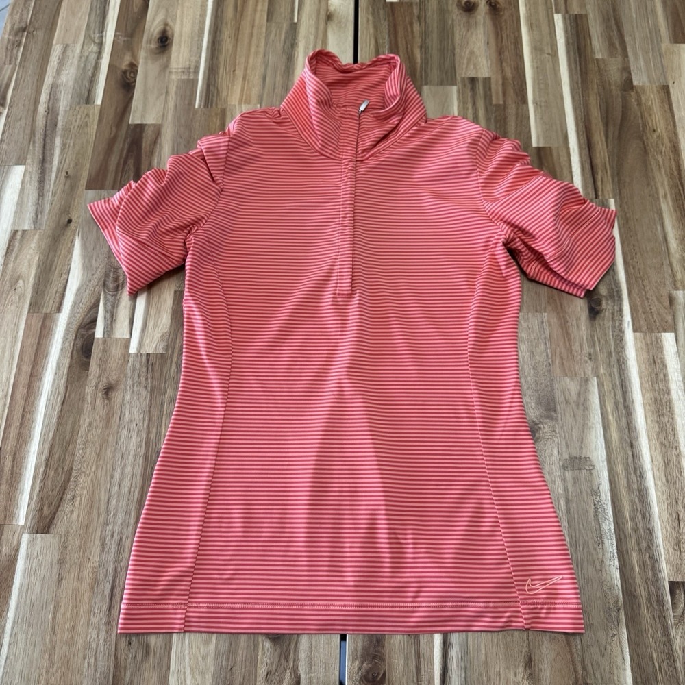 Nike Golf Polo Shirt Womens S Pink Striped 1/2 Zip Tour Performance Runched
